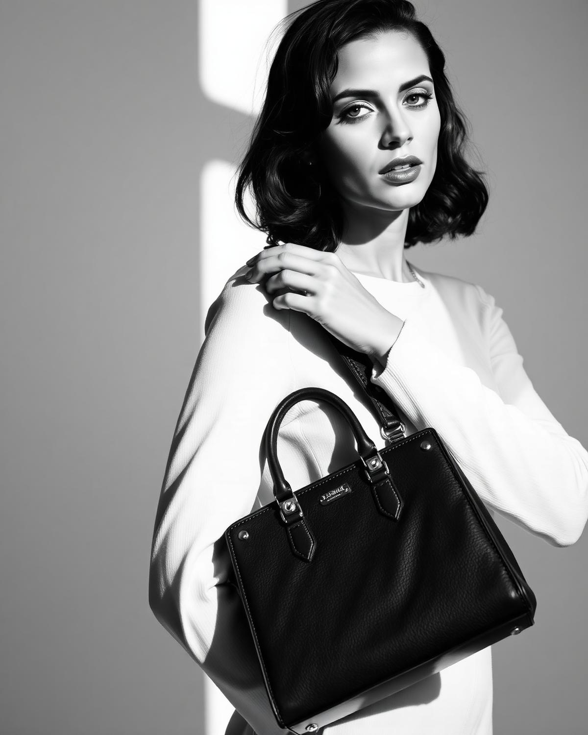 Editorial portrait holding a vintage handbag